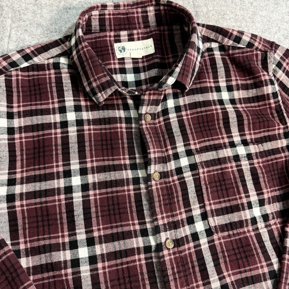 Aeropostale Mens Long Sleeve‎ Plaid Flannel Shirt Burgundy White Black Size L